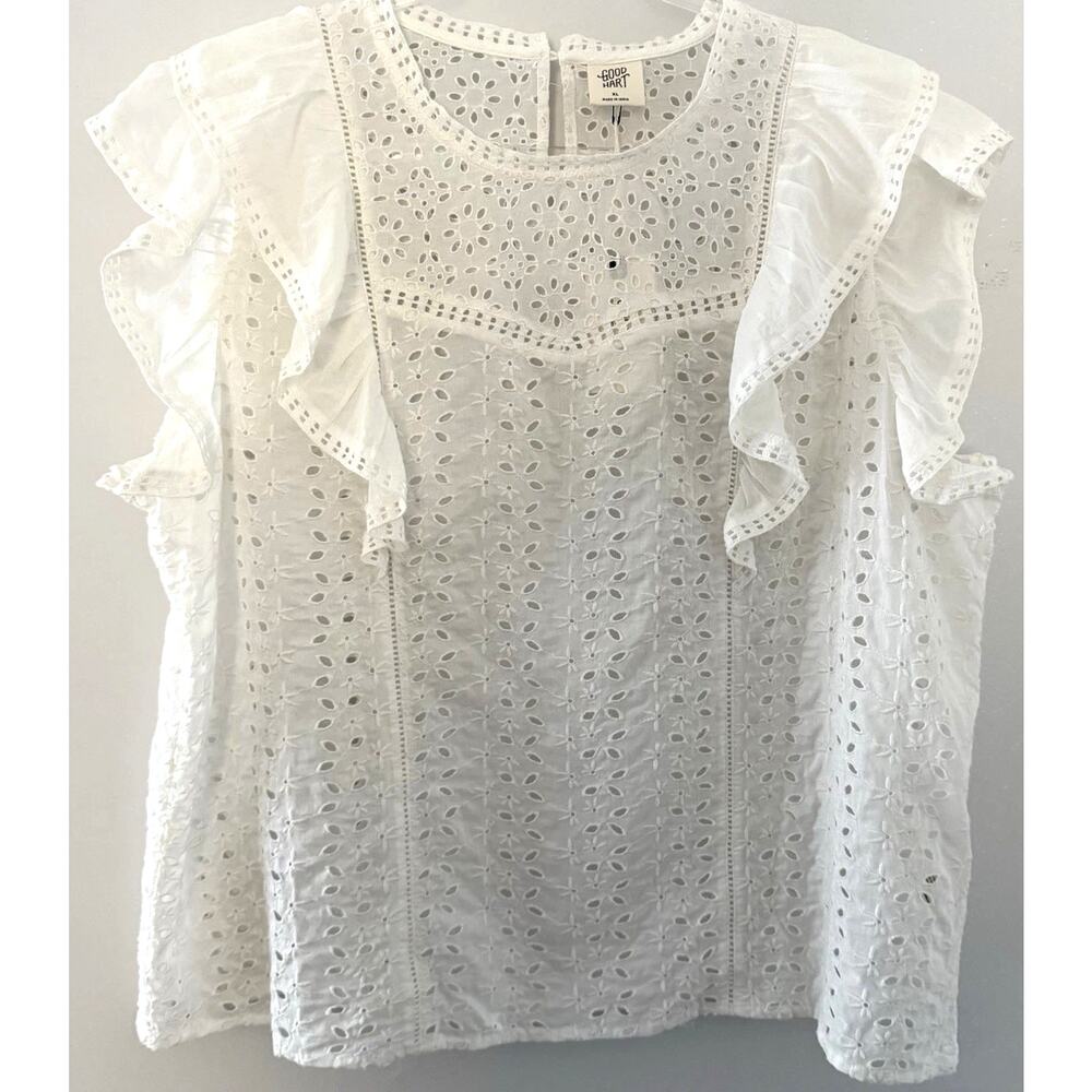 NWT Good Hart White Eyelet Lace Blouse Flutter Sleeve Boho Anthro Cottagecore XL